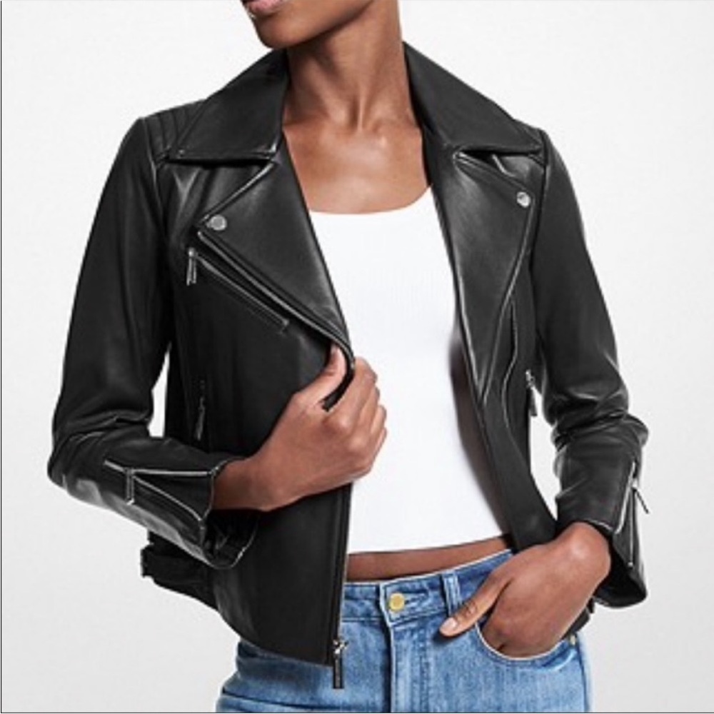 Michael Kors Quilted Leather Moto Jacket Asymmetrical Zip Buckle Genuine - Picture 3 of 16